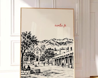 Santa Fe New Mexico Poster, Santa Fe Wall Art, Southwest Travel Print, Santa Fe Plaza Art, Adobe Church Print, New Mexico Poster, Digital