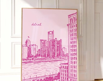 Pink Detroit Poster, Detroit Wall Art, Detroit Skyline Print, Michigan Wall Art, Dorm Room Posters, Pink Wall Art, Printable Wall Art