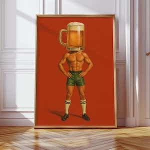Beer Mug Man Vintage Poster, Funny Beer Wall Art, Retro Bar Cart Decor, Mid-Century Man Cave Art Oktoberfest Pub Printable Cocktail Bar Cart