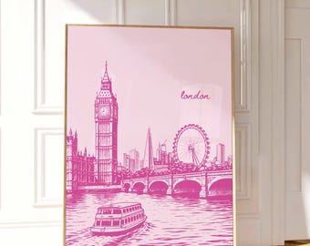 Pink London Poster, London Wall Art, Big Ben Print, London Skyline Poster, Girly Dorm Room Art, Preppy Travel Print, Printable UK Poster