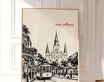 Hand-Drawn New Orleans Poster, New Orleans Wall Art, French Quarter Print, Jackson Square Art, St Louis Cathedral, Louisiana Travel Print