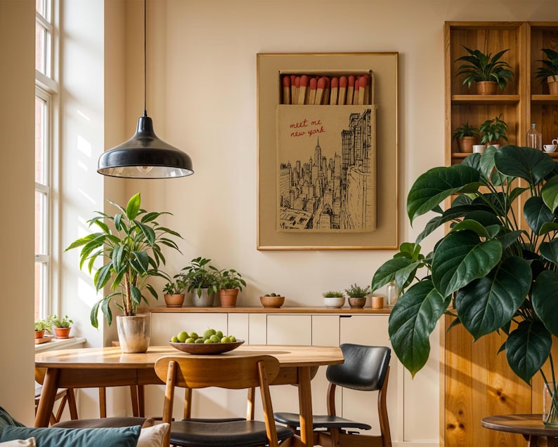 Puede incluir: Escena de comedor con mesa y sillas de madera, l&aacute;mpara colgante negra y obra enmarcada de una caja de cerillas con el texto "meet me new york". Plantas en macetas y un mueble de madera completan el interior.