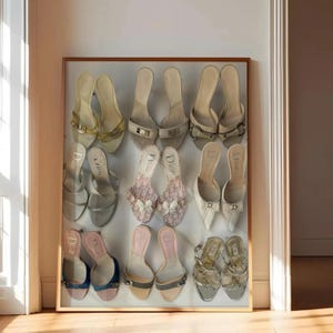 May include: A framed display of women's high-heeled shoes. The collection features various styles, including open-toe heels and slingbacks, in colours such as beige, pink, silver, and blue. Some shoes display the Dior logo. The display is mounted on a wall.