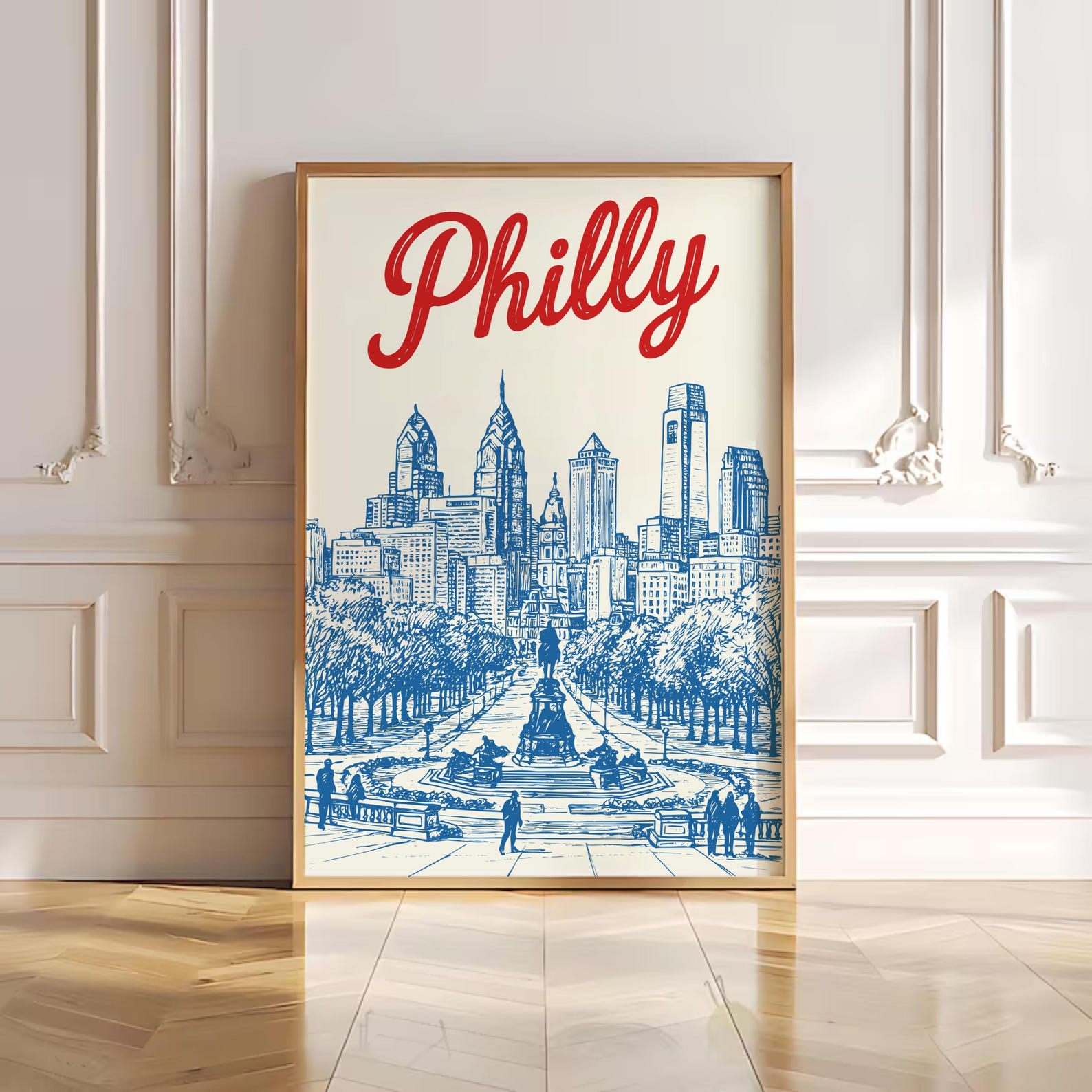Red Blue Philadelphia Poster, Philly Skyline Digital Print, Philadelphia Art Museum View, Cityscape Illustration, Hand-Drawn Travel Wall Art