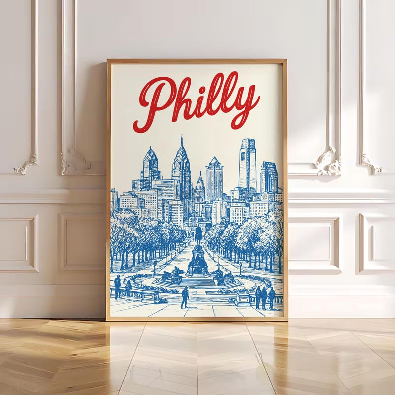 Red Blue Philadelphia Poster, Philly Skyline Digital Print ...