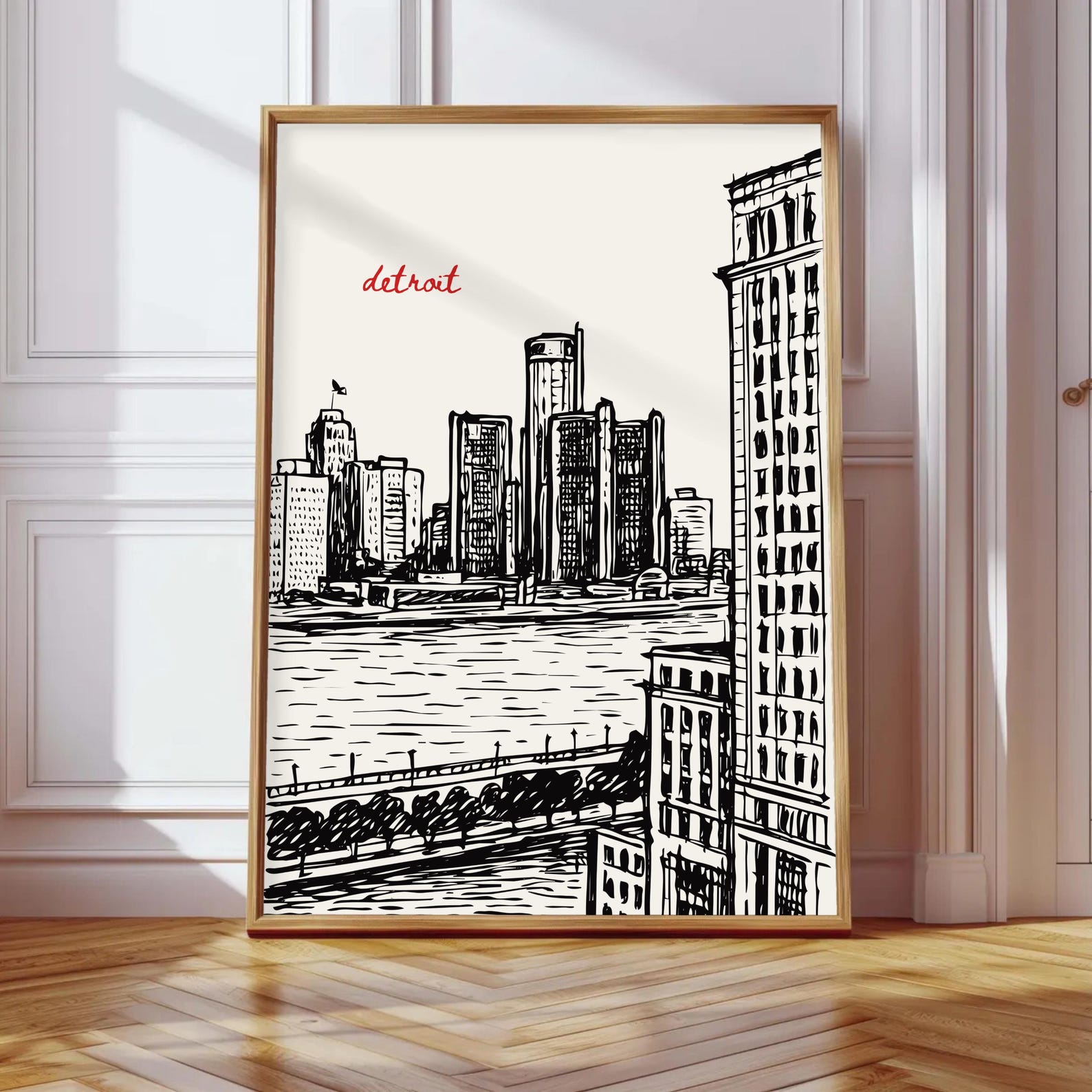 Detroit Poster, Detroit Skyline Sketch Wall Art, Downtown Detroit ...