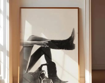 Vintage Cowboy Boots Poster, Western Editorial Print, Black and White Fashion Wall Art, Retro Minimalist Photography, Old Money Aesthetic De