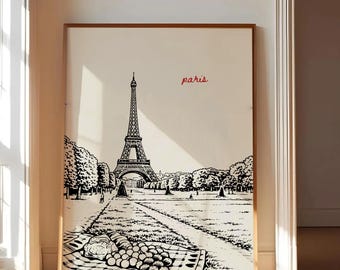 Paris Poster, Eiffel Tower Wall Art, Paris France Print, Paris Travel Poster, French Wall Art, Romantic Paris Picnic Illustration Minimalist