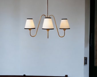 3-Light Linen Shade Raw Brass Sputnik Chandelier with Linen Fabric Shades Handmade Brass Ceiling Fixture