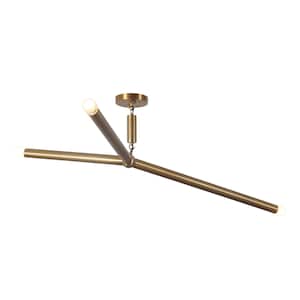 May include: A brass ceiling light fixture with two arms extending out from a central point. Each arm has a light bulb at the end. The fixture is suspended from the ceiling by a chain.