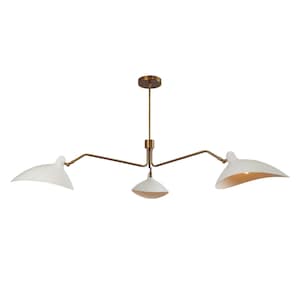May include: A three-light pendant light fixture with white metal shades and a brass finish. The shades are angled and have a curved shape.
