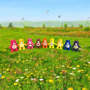 May include: A collection of eight colorful Care Bear plush toys standing in a grassy field filled with wildflowers. Each bear has a unique color and belly badge, including pink, yellow, and blue bears. The sky is clear with a few butterflies.
