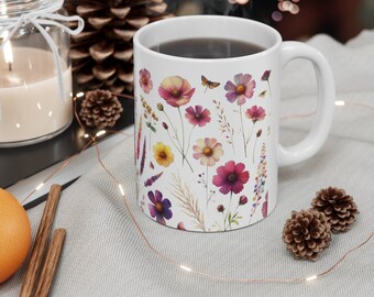 Pressed Flowers Mug, Boho Wildflowers Cottagecore Coffee Mug, Flower ...