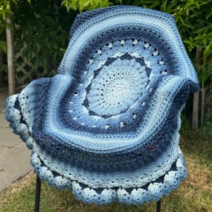 Handmade Steel Blue Crochet Circle Throw, Mandala Gradient Yarn Round Boho Cozy Blanket