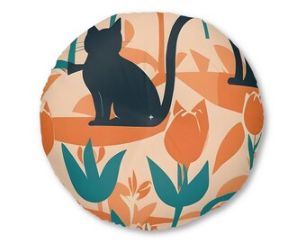 Modern Feline & Tulip Linocut Design Tufted Floor Pillow
