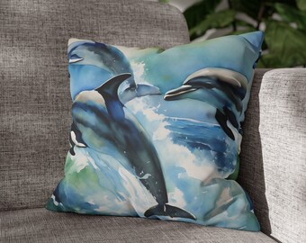 Aquarelle dauphins s'ébattant dans l'océan | Taie d'oreiller