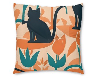 Mid-Century Modern Cat & Tulip Linocut Floor Pillow