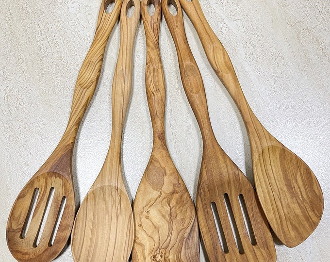 Olive Wood Utensils, Wooden Utensils for Cooking, Handcrafted Wooden Utensils Set, Wooden Utensils, Spoon and Spatula Set (5-Piece set)