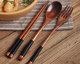 Wooden Cutlery Set Wood Spoon Fork Japanese Style Spoon Fork Chopsticks Set Long Handle Dinner Spoon Portable Tableware With Bag