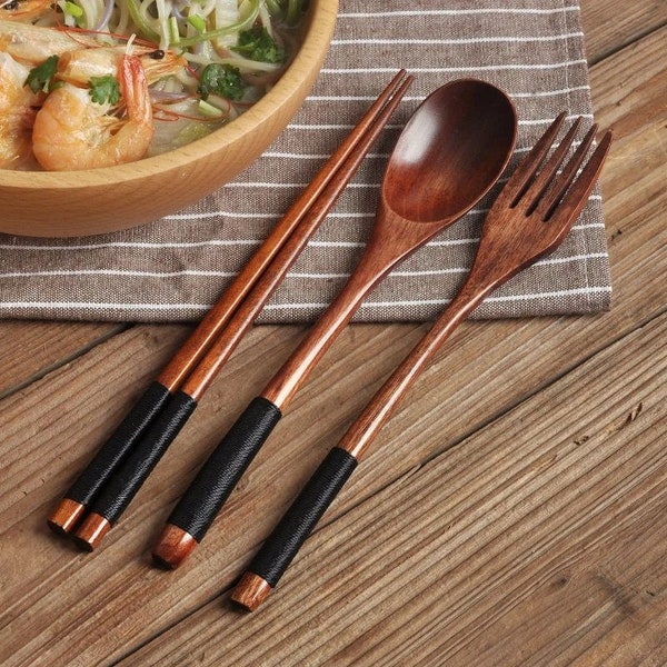 Wooden Cutlery Set Wood Spoon Fork Japanese Style Spoon Fork Chopsticks Set Long Handle Dinner Spoon Portable Tableware With Bag