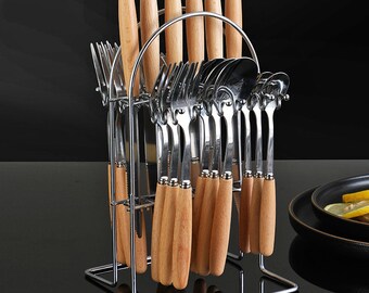 Ensemble de vaisselle en acier inoxydable pour hôtel, couteau à steak, fourchette, cuillère à soupe, manche en bois japonais, vaisselle occidentale, boîte-cadeau