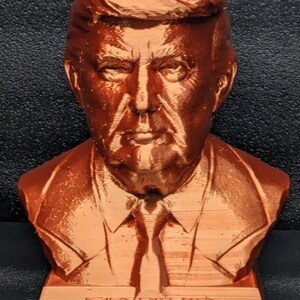 Front of the Copper 3d printed Trump Bank. 7.5 tall 
6.5 wide