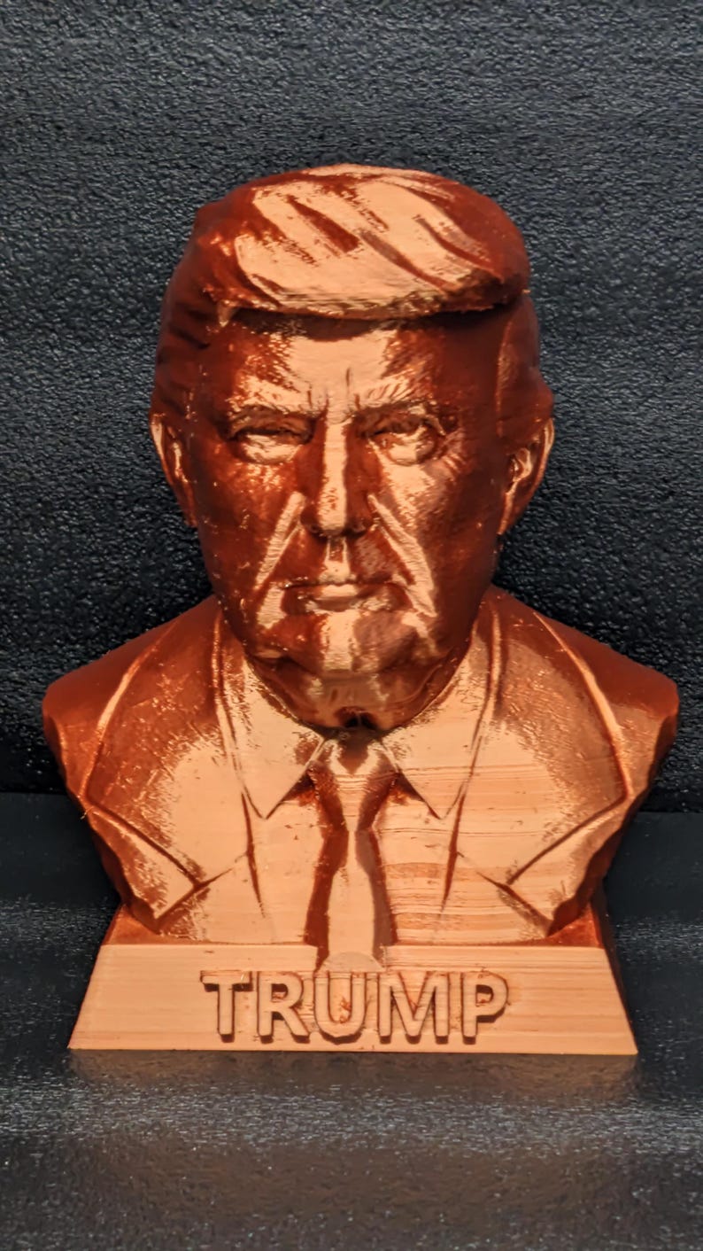 Front of the Copper 3d printed Trump Bank. 7.5 tall 
6.5 wide