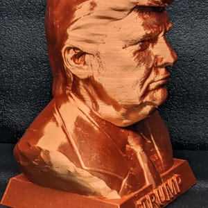 May include: A 3D printed bust of a person with the word "TRUMP" printed on the base. The bust is made of a brown plastic material.