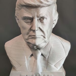May include: A silver 3D printed bust of a man with short, combed-over hair. The bust is on a base with the word "TRUMP" printed on it.