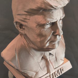 May include: A brown 3D printed bust of a person with the word "TRUMP" printed on the base.