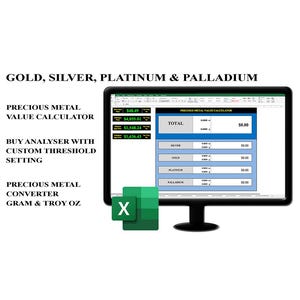 May include: A computer monitor displaying a spreadsheet titled "Precious Metal Value Calculator." The screen shows data fields for silver, gold, platinum, and palladium. Text on the screen includes "Buy Analyser" and "Precious Metal Converter."