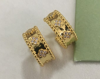 Authentic Van Cleef Perlée Clover Diamond 18K Yellow Gold Hoop Earrings,Alhambra Earrings,Gifts for Her Earring jewelry