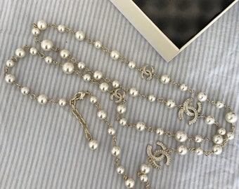 Authentique Chanel Vintage 4 Collier à maillons en perles de cristal CC doré