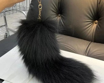 Black Premium Real Fox Fur Tail Keychain Tassel Bag Charm in Black and Brown - Pom Pom Charm Keyring Holder Strap Chain - Unique Gift