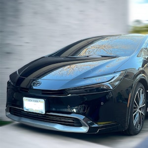 May include: A black Toyota Prius car with a New York license plate. The car has a silver front bumper and black wheels. The car is parked outside on a sunny day.