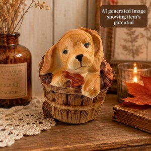 May include: A ceramic figurine of a light brown puppy with floppy ears sitting inside a brown wooden-style basket. The puppy is surrounded by sculpted autumn leaves in shades of orange and brown, with a glossy finish on the dog and basket.