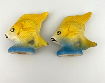 Vintage Japan Tropical Fish Salt & Pepper Shakers Yellow Blue Ceramic Pair MCM