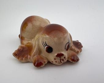 Vintage Mini Ceramic Puppy Figurine Big Eyes Brown Spotted Dog Japan 1.75"