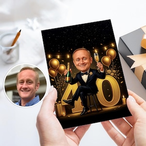 Custom 40th Man Cartoon Portrait Greeting Card, 40th Birthday Card, Birthday Cartoon Card, Custom Birthday Gift, Man&#39;s Birthday Funny Gift