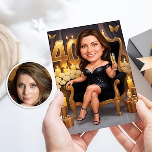 Retrato de caricatura personalizado de mujer que cumple 40 años, caricatura de cumpleaños número 40, tarjeta de caricatura de cumpleaños para niña, regalo de cumpleaños personalizado, regalo divertido