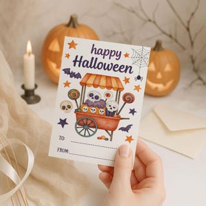 Jolie carte d&#39;Halloween, carte d&#39;Halloween pour enfants et adultes, carte mignonne effrayante, carte d&#39;Halloween drôle, Halloween imprimable, carte des bonbons ou des sorts