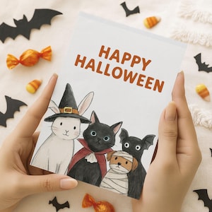 2025 Halloween Card, Funny Halloween Greeting Card, Halloween Greetings Trick Or Treat Witch Card,  Bunny Dog Cat Happy Halloween Card