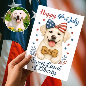 Biglietto d'auguri personalizzato per cani, biglietto con bandiera degli Stati Uniti, biglietto per il Giorno dell'Indipendenza per gli amanti dei cani, biglietto americano "Sweet Land of Liberty", America Freedom