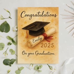 Carte personnalisée de remise des diplômes de félicitations avec capuchon, parchemin et nom, carte de remise des diplômes 2025, cadeau pour célibataire, carte personnalisée nom de célibataire