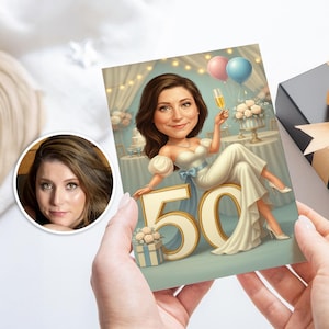Tarjeta de cumpleaños personalizada con retrato de caricatura para 50.º cumpleaños, tarjeta de caricatura personalizada para 50.º cumpleaños, tarjeta de caricatura para 50.º cumpleaños