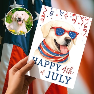 Cartão personalizado de Feliz 4 de Julho, Cartão com foto personalizada para cachorro, Cartão com bandeira dos EUA com fogos de artifício, Presente personalizado para mãe de cachorro amante de cachorro, Cartão de felicitações para cachorro
