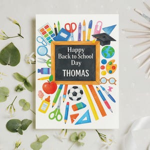 Gepersonaliseerde Happy First Day Of School-wenskaart, 2025 terug naar school blanco kaart, start school Good Luck Card, aangepaste naamkaart