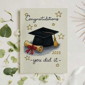 Naamafstuderenkaart 2025, gepersonaliseerde felicitatiekaart, afstudeerpet en diplomaontwerp, You Did It-kaart, Class Of 2025-cadeau