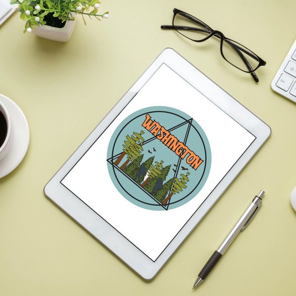 Washington State Digital Sticker, Retro WA Design, Gifts for Outdoor Lovers, Evergreen State Stickers