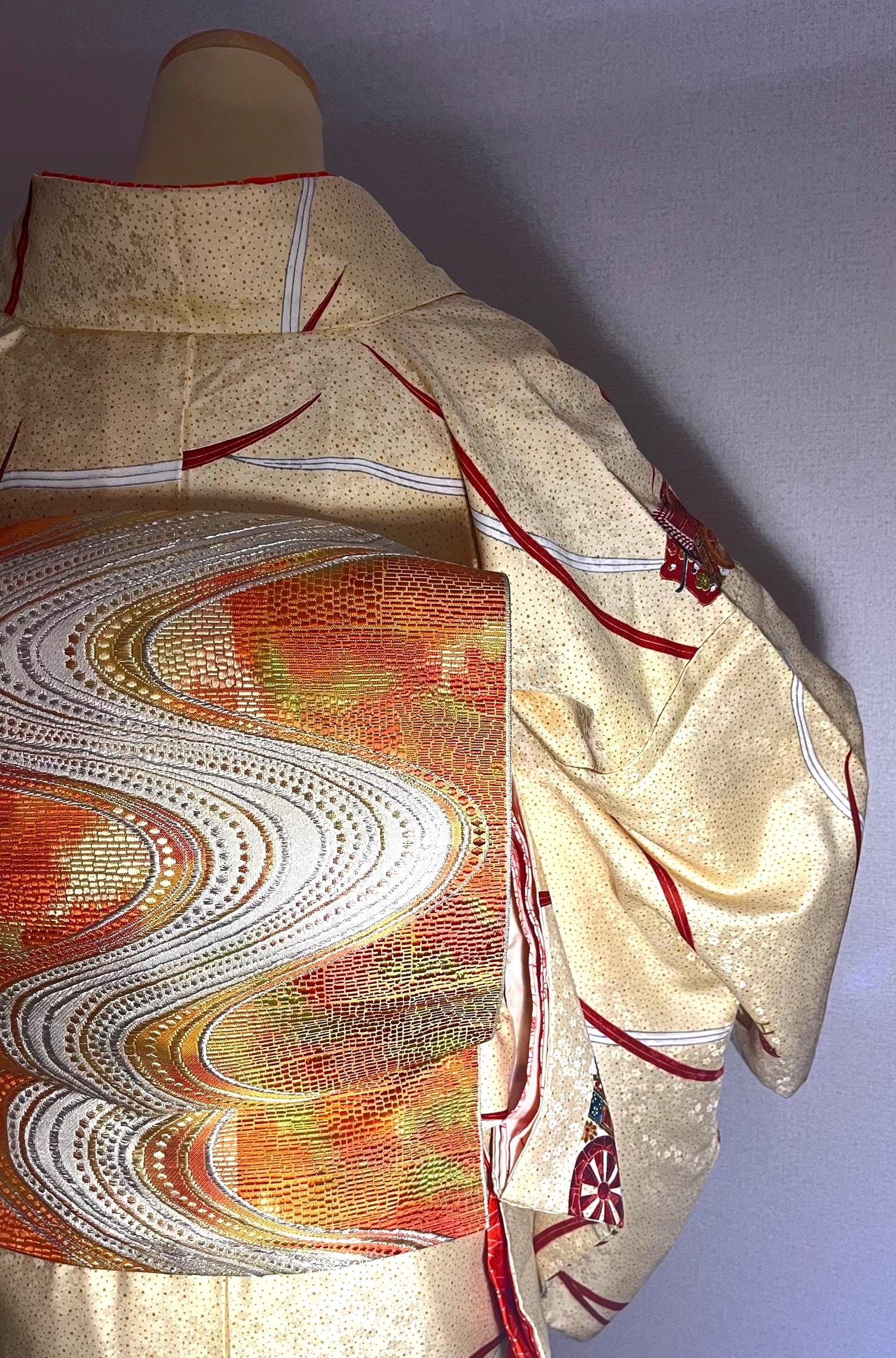Vintage Japanese Kimono Set - Silk Houmongi Kimono with Fukuro Obi, Obiage & Obijime - Ivory Formal Kimono - Traditional Japanese 159 cm long